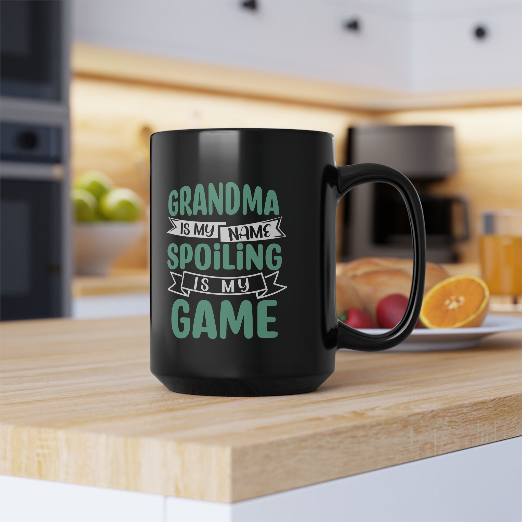 Grandma Is My Name Spoiling Is My Game 15oz Black Mug — Funny Grandma Gift