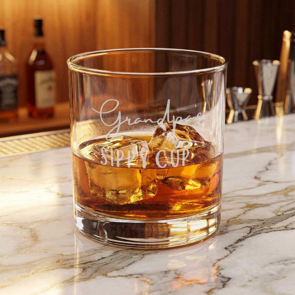 Engraved Grandpa's Sippy Cup 10.5 oz whiskey rocks glass - lifestyle photo