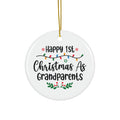 Happy 1st Christmas As Grandparents round ceramic ornament with string lights and holly