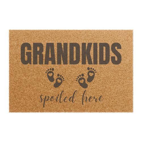 Grandkids Spoiled Here coir doormat with tiny footprints