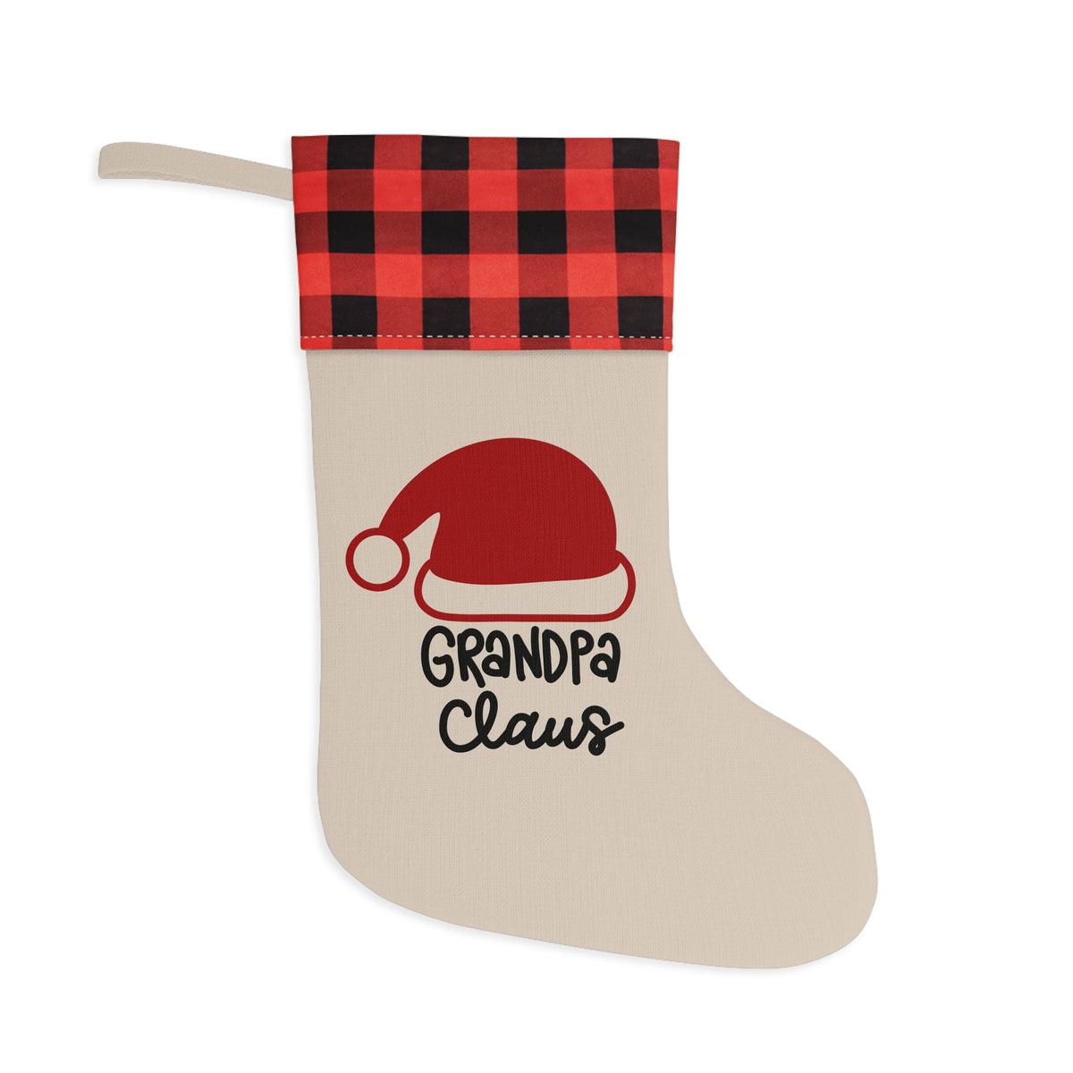 Grandpa Claus Christmas stocking with Santa hat design and red and black buffalo plaid cuff