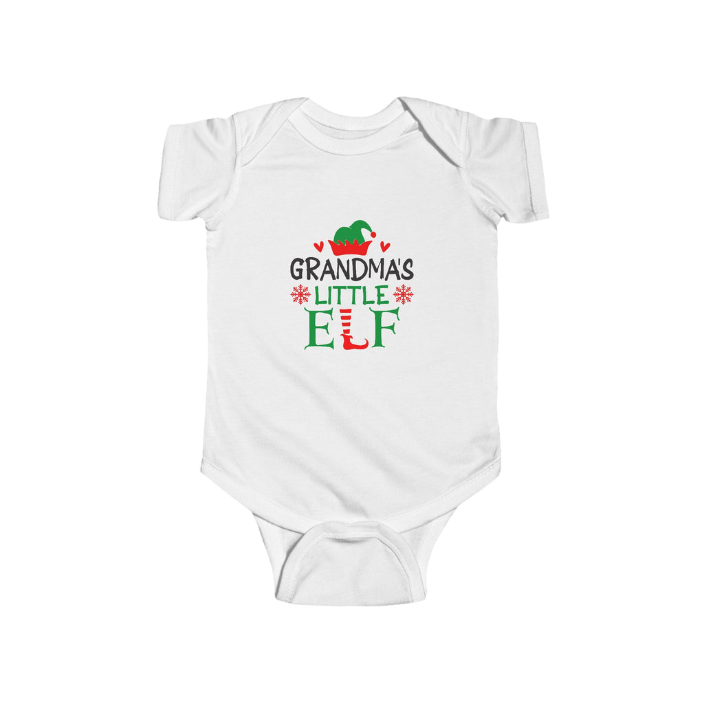 Grandma's Little Elf white infant bodysuit with red and green elf design