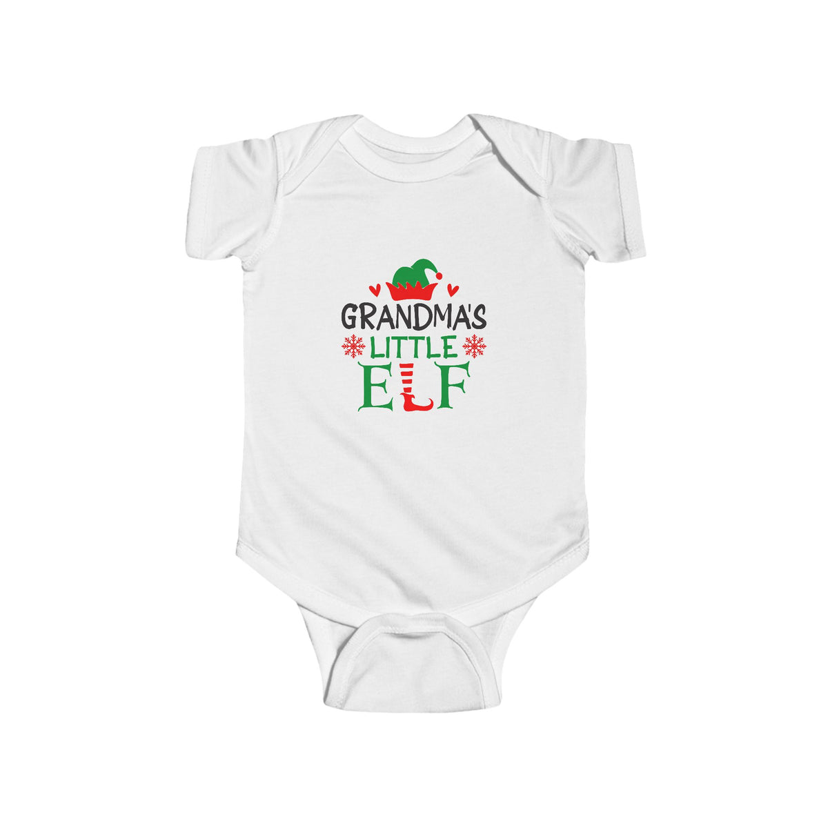 Grandma's Little Elf white infant bodysuit with red and green elf design