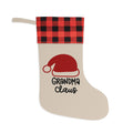 Grandma Claus Christmas stocking with Santa hat design and red and black buffalo plaid cuff