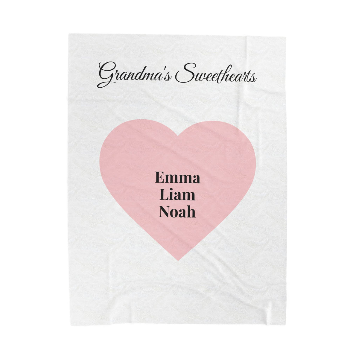 Personalized Grandma's Sweethearts velveteen plush blanket with grandkids' names in a pink heart